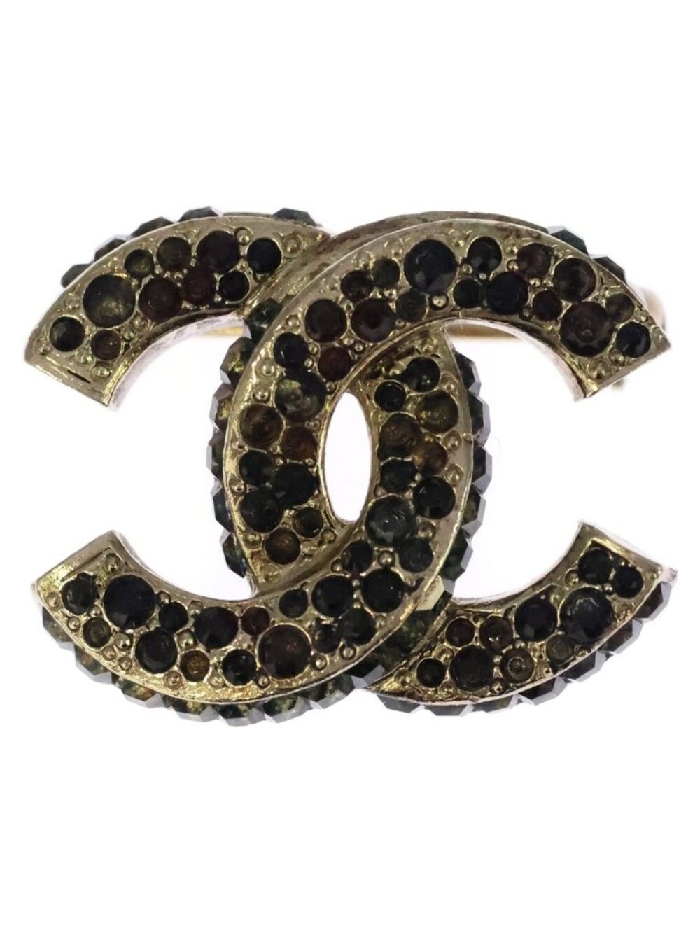 Chanel Mark Rhinestone Brooch Pin Badge Gold
